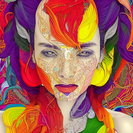 Prompt: the portrait of a beautiful young woman partially made up of bell peppers of all colors, an ultrafine detailed illustration by james jean, intricate linework, bright colors, final fantasy, behance contest winner, vanitas, angular, altermodern, unreal engine 5 highly rendered, global illumination, radiant light, detailed and intricate environment