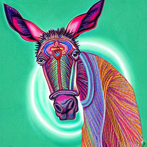 Image similar to a mule in the style of alex grey