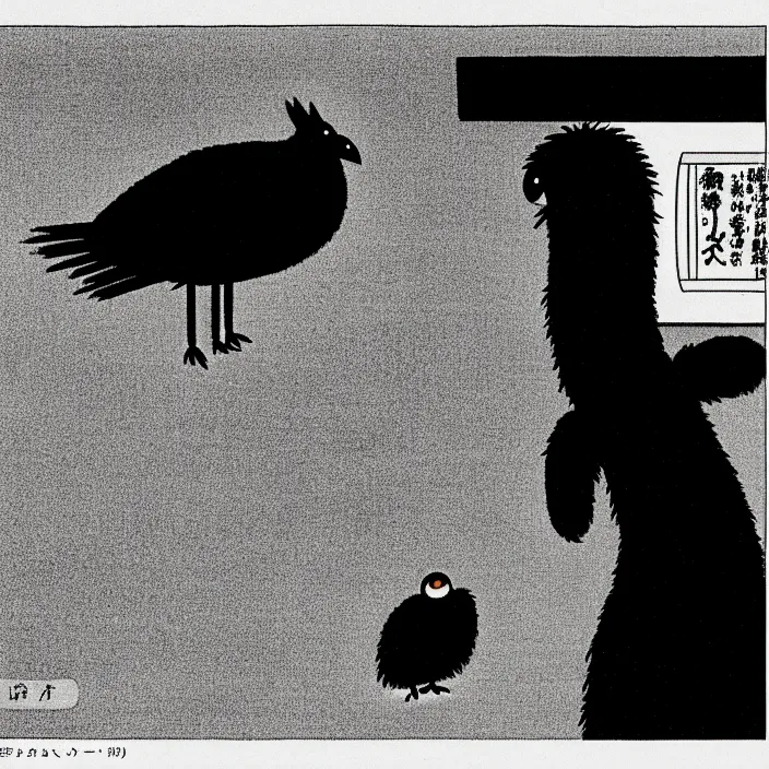 Image similar to a still frame from comic strip, black fluffy hairy bird 1 9 5 0, hasui kawase, new yorker illustration, monochrome bw, lineart, manga, tadanori yokoo, simplified,