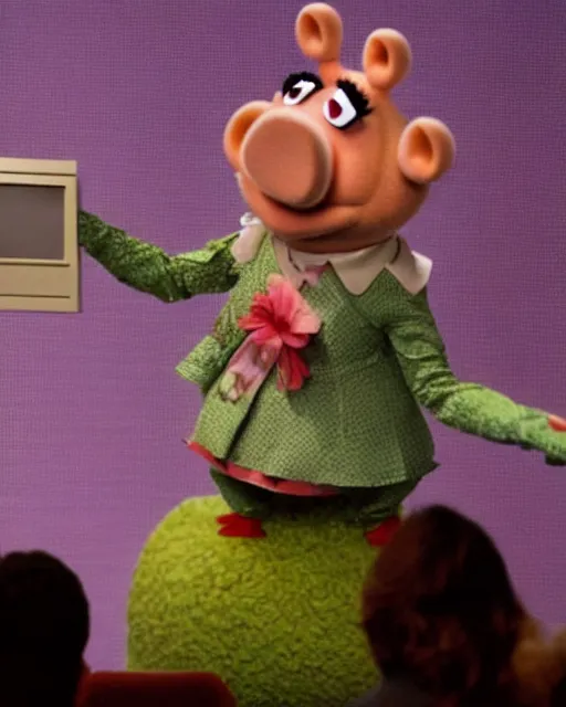 Image similar to miss piggy giving a ted talk on stable diffusion to an audience of muppets about the future of image generation. on the giant video screen behind miss piggy is picture of salvador dali sitting on an avocado toilet, photorealistic, ted talks, muppets