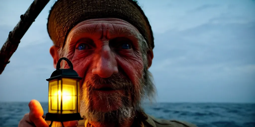 Image similar to film still of closeup old man holding up lantern by his beach hut at night. pirate ship in the ocean by emmanuel lubezki