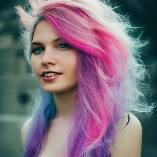 Prompt: a melanchonic photo of a beautiful young woman with cotton candy hair. with a little bit of gold and white