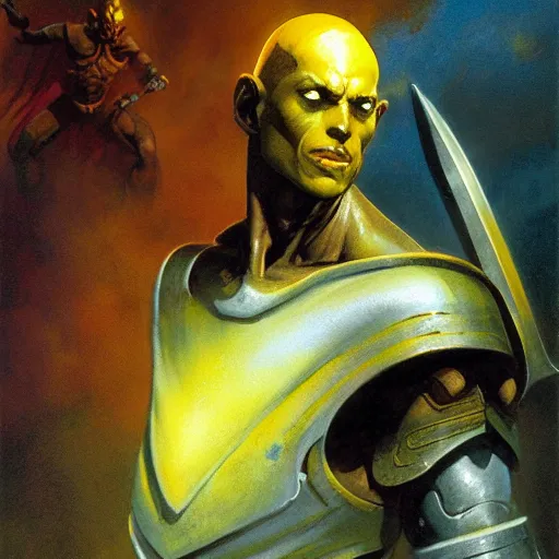 Prompt: ( ( ( quarter length portrait of a gaunt noseless yellow - skinned bald githyanki warrior in a breastplate, wielding a magical silver greatsword ) ) ), greg rutkowski, frank frazetta, alexandre chaudret, boris vallejo, michael whelan, miro petrov, magali villeneuve, donato giancola, d & d
