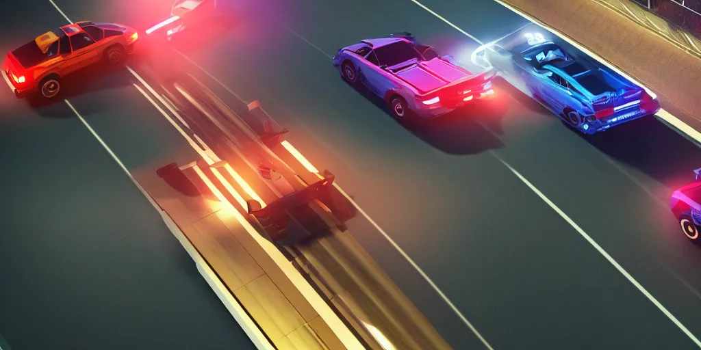 Image similar to two cars drag racing in the middle of the night while being chased by the police, realism, octane render, 3 d render, intense, synthwave