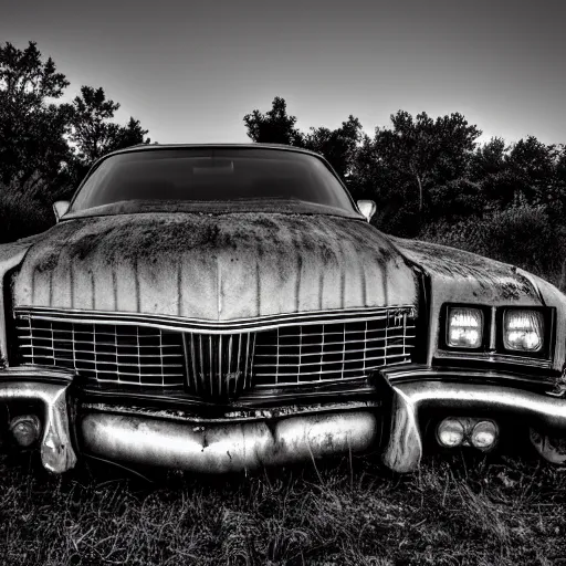 Prompt: black and white press photograph of a rusted abandoned buick riviera on an empty abandoned city street, full view, detailed, natural light, mist, film grain, soft vignette, sigma 5 0 mm f / 1. 4 1 / 1 0 sec shutter, imax 7 0 mm footage