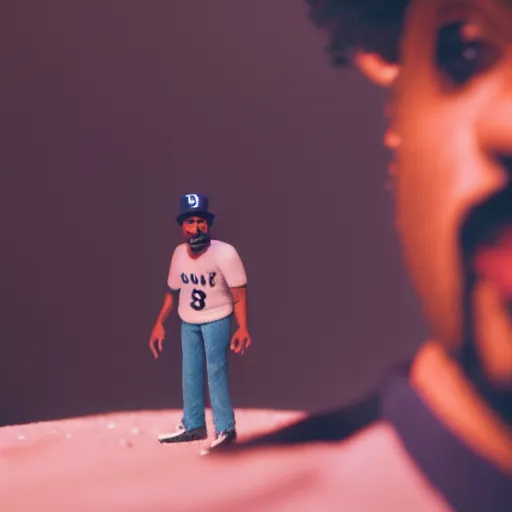 Image similar to a cinematic film still of a claymation stop motion film starring chance the rapper as a college student, shallow depth of field, 8 0 mm, f 1. 8