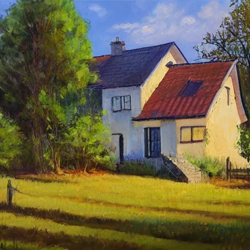 Prompt: house in the countryside on a sunny day, forest, realistic, detailed, peaceful, brush strokes, oil painting