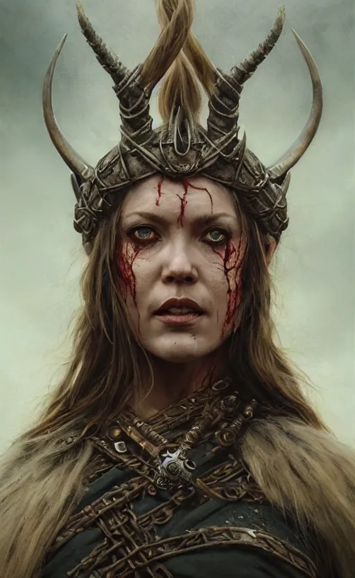 Prompt: Official photo of a majestic fierce viking woman, leader, fear, scarred, highly detailed, viking attire, cinematic, 8k, 1080s, by Stanley Artgermm, Tom Bagshaw, Greg Rutkowski, Vincent di Fate, Carne Griffiths, Ayami Kojima, trending on DeviantArt, hyper detailed, full of color, digital art