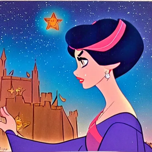 Prompt: disney film cel ( 1 9 5 9 ), hispanic princess looking up dreamily at the stars, glen keane, colorful