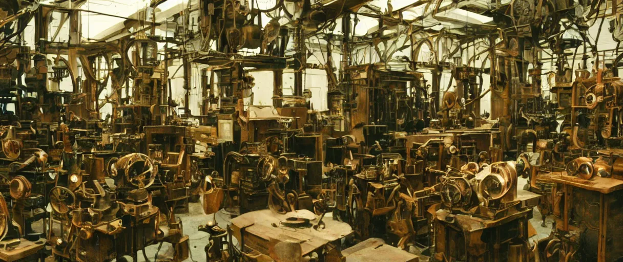 Image similar to movie still 4 k uhd 3 5 mm film color photograph of an steampunk workshop full of xix century differential machines