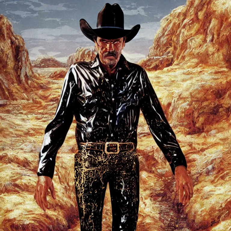 Image similar to 1 9 7 0's spaghetti western film octane render portrait by wayne barlow and carlo crivelli and glenn fabry, a man wearing a shiny black latex suit and cowboy hat covered in colorful slime, standing in a scenic western landscape, cinema 4 d, ray traced lighting, very short depth of field, bokeh