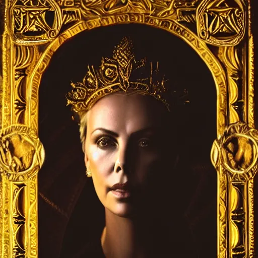 Image similar to “ majestic gracious regal deity charlize theron portrait, ancient greece, atmospheric lighting, painted, intricate, volumetric lighting, beautiful, rich deep colours masterpiece, golden hour, sharp focus, ultra detailed, by kai carpenter ”