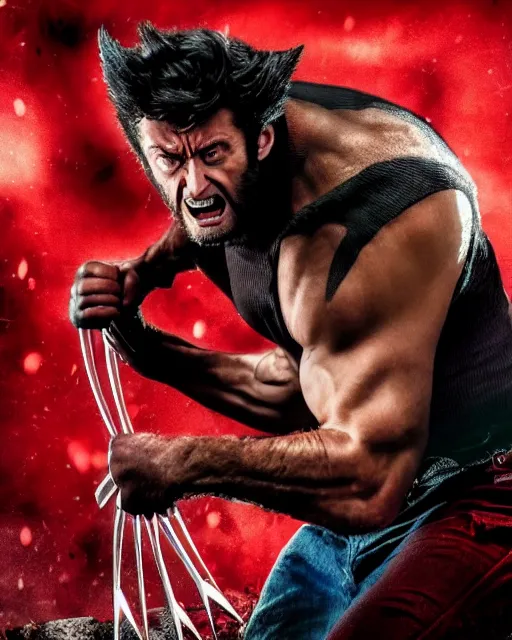 Image similar to movie poster of marvels wolverine, black and red color scheme, hyper realistic photo, 8 k., dramatic waiting, bloody