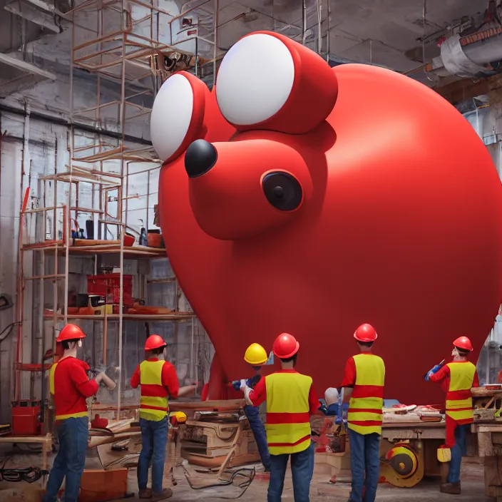 Image similar to crew of workers in red overalls building giant mickey mouse head in small workshop, octane render, 4 k ultra hd, hyper - detailed, realistic, low lighting, sharp focus, in style of beeple