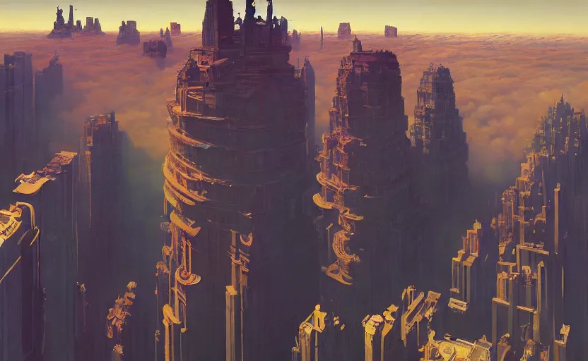 Image similar to A victorian city built above the clouds , very coherent, painted by Edward Hopper, Wayne Barlowe, painted by James Gilleard, airbrush, art by JamesJean