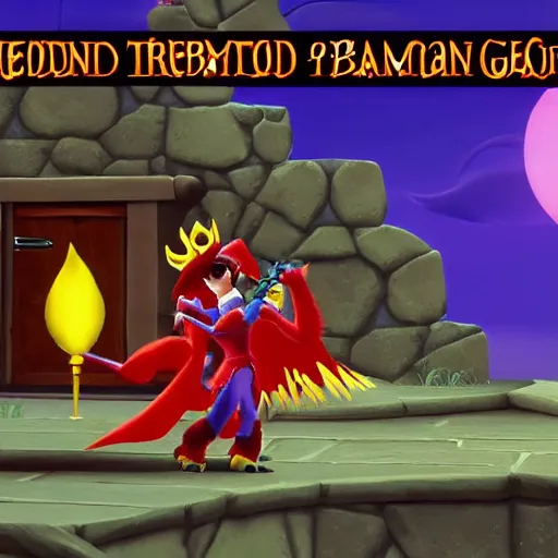 Prompt: screenshot of a humanoid gryphon bard with a red coat as an enemy in spyro the dragon video game, with playstation 1 graphics, activision blizzard, upscaled to high resolution