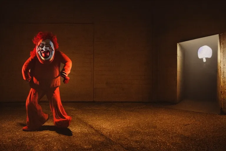 Image similar to a giant screaming clown in the distance, made of flesh and muscles, photograph, ambient lighting, picture, photo, cinematic lighting, terror, horror, scary,