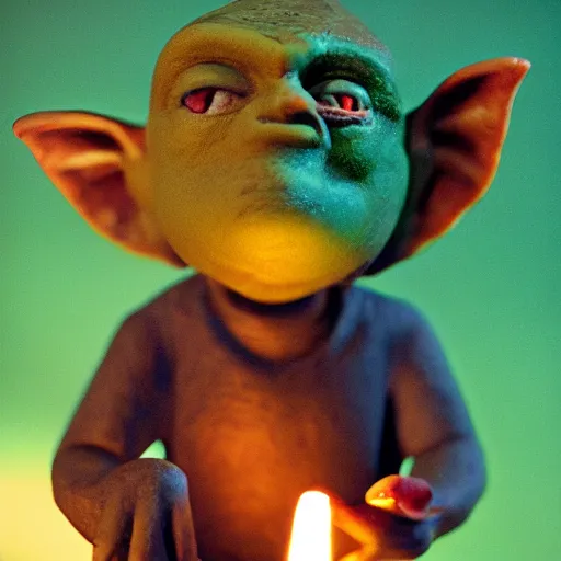 Image similar to a close up portrait of a goblin playing the flute, fireplace lighting, nighttime, kodak vision 5 0 0 t