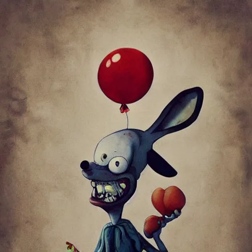 Prompt: grunge painting of bugs bunny with a wide smile and a red balloon by tim burton, loony toons style, pennywise style, corpse bride style, rick and morty style, creepy lighting, horror theme, detailed, elegant, intricate, conceptual