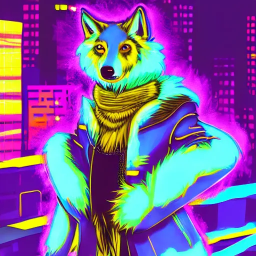 beautiful furry art portrait digital art, vibrant neon | Stable ...