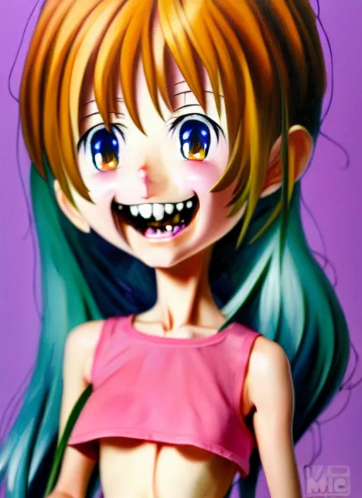 Image similar to a hyperrealistic oil painting of a kawaii anime girl figurine caricature with a big dumb grin featured on nickelodeon by dave mckean