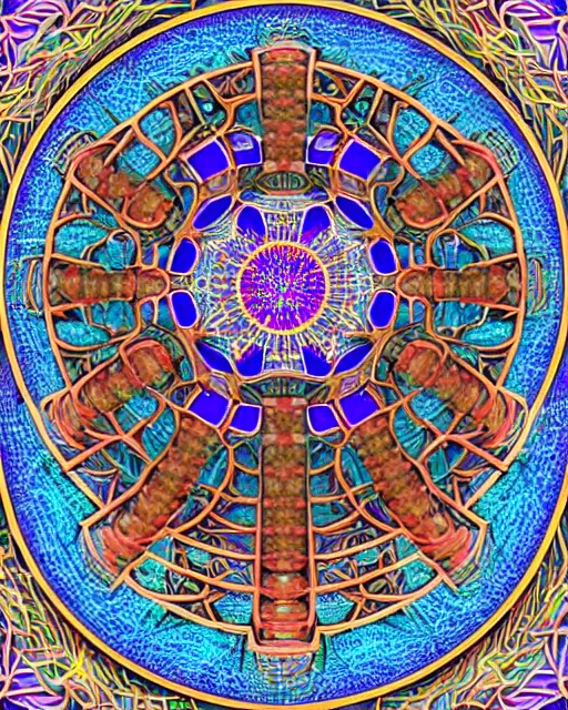 Prompt: hd mandala and yantra 3d maze puzzle made of flesh and bone and synaptic particle energy flow psychedelic color render detailed