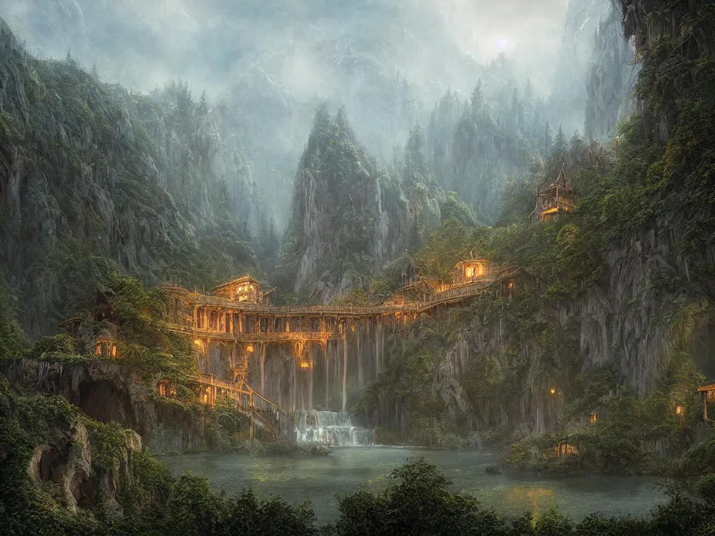 Image similar to Rivendell in the evening, detailed matte painting, cinematic, Alan Lee, Artstation