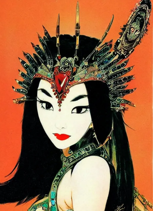 Image similar to female korean vampiress, jeweled headdress, heavy mascara, strong line, saturated color, beautiful! coherent! by frank frazetta, high contrast, minimalism