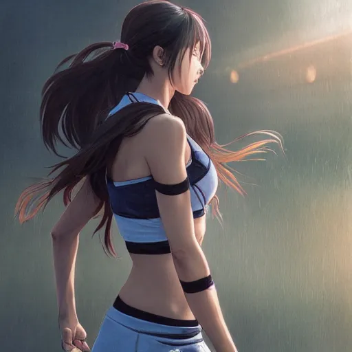 Image similar to a girl is running, sport clothing, anime style, long hair, hair down, symmetrical facial features, from arknights, hyper realistic, highly detailed, rule of thirds, extreme detail, detailed drawing, trending artstation, realistic lighting, sport magazine, by alphonse mucha, greg rutkowski, sharp focus, backlit, real faces, realistic anatomy