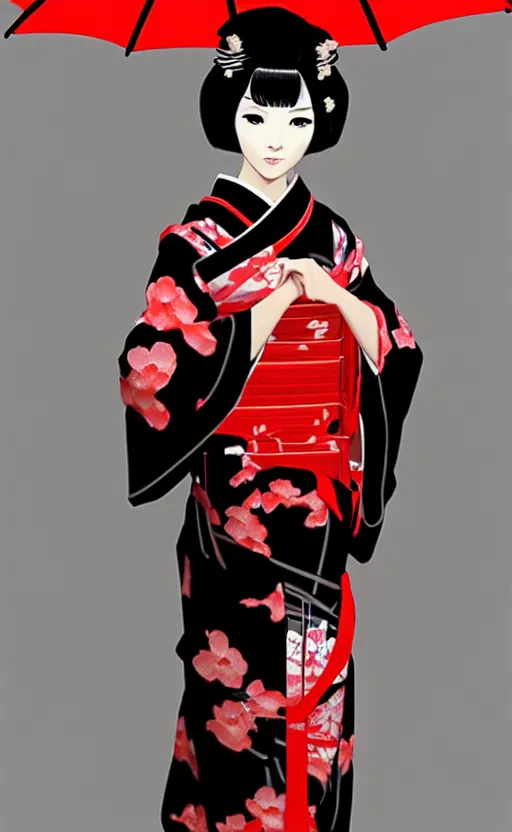 Prompt: a beautiful geisha, black kimono with red lining, anime. realistic shaded lighting by ilya kuvshinov giuseppe dangelico pino and michael garmash and rob rey, 8 k