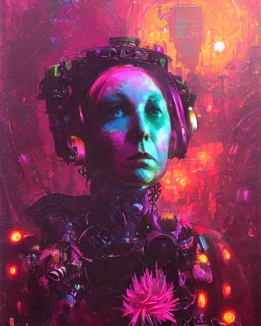 Prompt: flowerpunk portrait of an old cyborg queen victoria by paul lehr