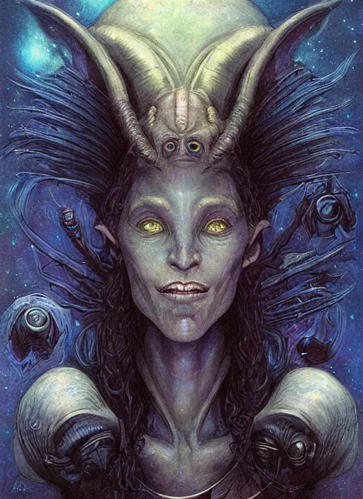 Image similar to portrait of female space goblin, night sky background, beautiful! coherent! by brom, by brian froud, deep color, strong line, high contrast