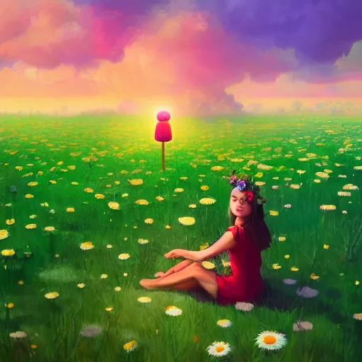 Image similar to giant daisy flower as head, girl sitting in a flower field, surreal photography, sunrise, dramatic light, impressionist painting, colorful clouds, digital painting, artstation, simon stalenhag