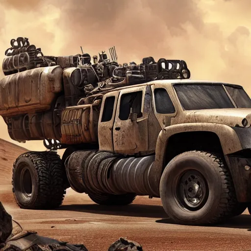 Prompt: a mad max truck with gatling guns on the side, au naturel, hyper detailed, digital art, trending in artstation, cinematic lighting, studio quality, smooth render, unreal engine 5 rendered, octane rendered, art style by klimt and nixeu and ian sprigger and wlop and krenz cushart