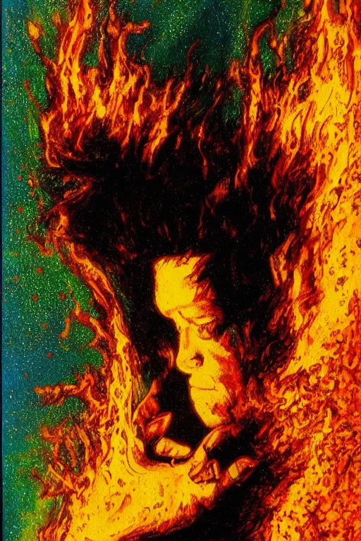 Prompt: scary flame,art by James C. Christensen and Mark Tedin,trending on artstation, luminous lighting high angle view,movie poster,crayon art ,Eraserhead ,iridescent colors,long exposure ,