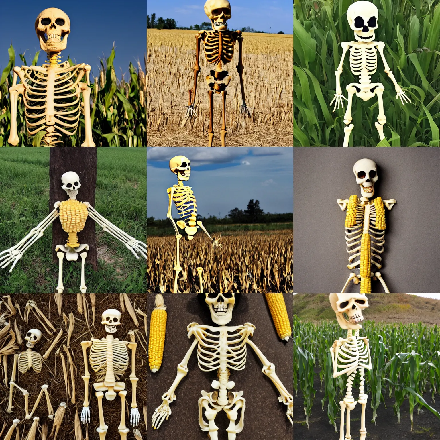 Prompt: a skeleton made of corn