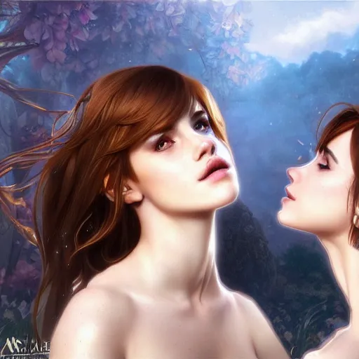 Image similar to ultra realistic illustration, bella thorne and emma watson kissing anime, intricate, elegant, highly detailed, digital painting, artstation, concept art, smooth, sharp focus, illustration, art by artgerm and greg rutkowski and alphonse mucha and wlop