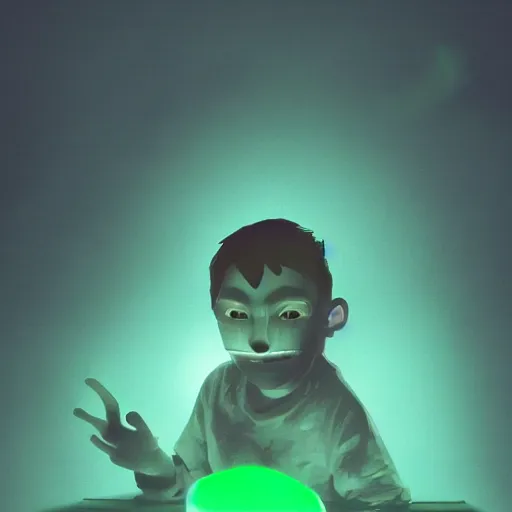 Image similar to a young boy with face lit by c 6 4 monitor green glow at midnight, atmospheric epic award winning illustration with volumetric cinematic lighting