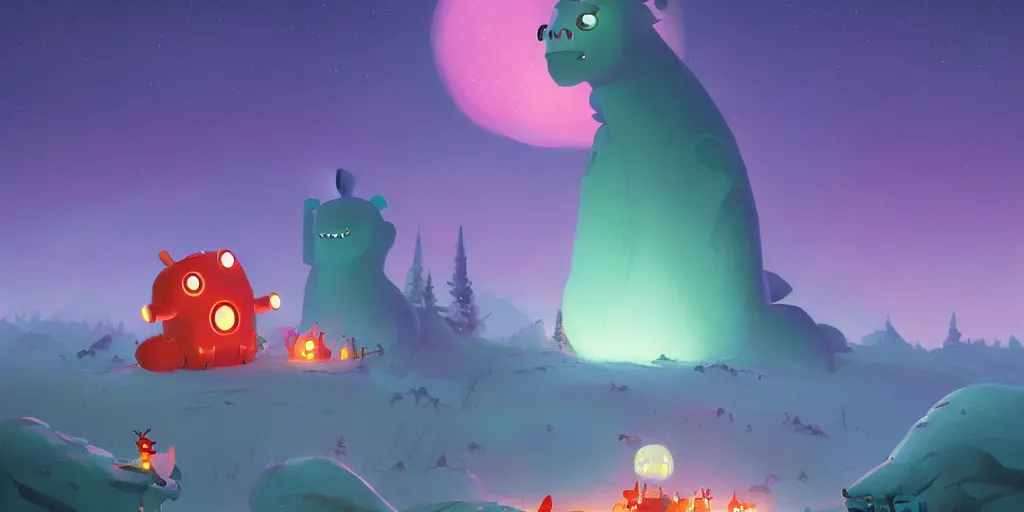 Image similar to cute monsters and Aurora borealis by Goro Fujita and Simon Stalenhag , 8k, trending on artstation, hyper detailed, cinematic