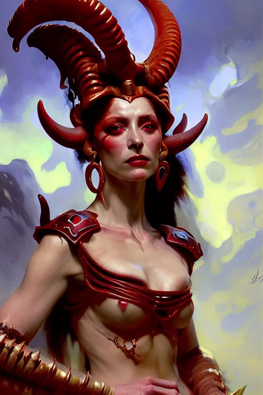 Image similar to painted close - up portrait of a very attractive red - skinned intimidating demon alien queen with ram horns! oil painting, wearing a noblewoman's outfit, fantasy art by john singer sargent and gaston bussiere and james jean and greg rutkowski, demon noble character design, hd