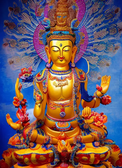 Prompt: A vibrant studio portrait photograph of bodhisattva Manjushri by Alessio Albi, Nina Masic, The photo is very meticulous, with every detail carefully rendered. The colors are bright and vibrant, and the overall effect is very pleasing, This photo shows the bodhisattva Manjushri in a seated position, with his legs crossed and his hands resting in his lap. He is surrounded by a blue aura, and his face is serene and peaceful. His clothing is brightly colored and adorned with intricate patterns. The photo is incredibly detailed, with every aspect of Manjushri's appearance rendered in delicate brushstrokes. The artist has paid careful attention to every aspect of the photo, from the way the light plays off of Manjushri's face to the smallest details in his clothing. This photo is a beautiful example of traditional Buddhist art. It is incredibly peaceful and serene, and the level of detail is truly impressive, Soft focus, vertical portrait, natural lighting, f2, 50mm, hasselblad, classic chrome, film grain, cinematic lighting,