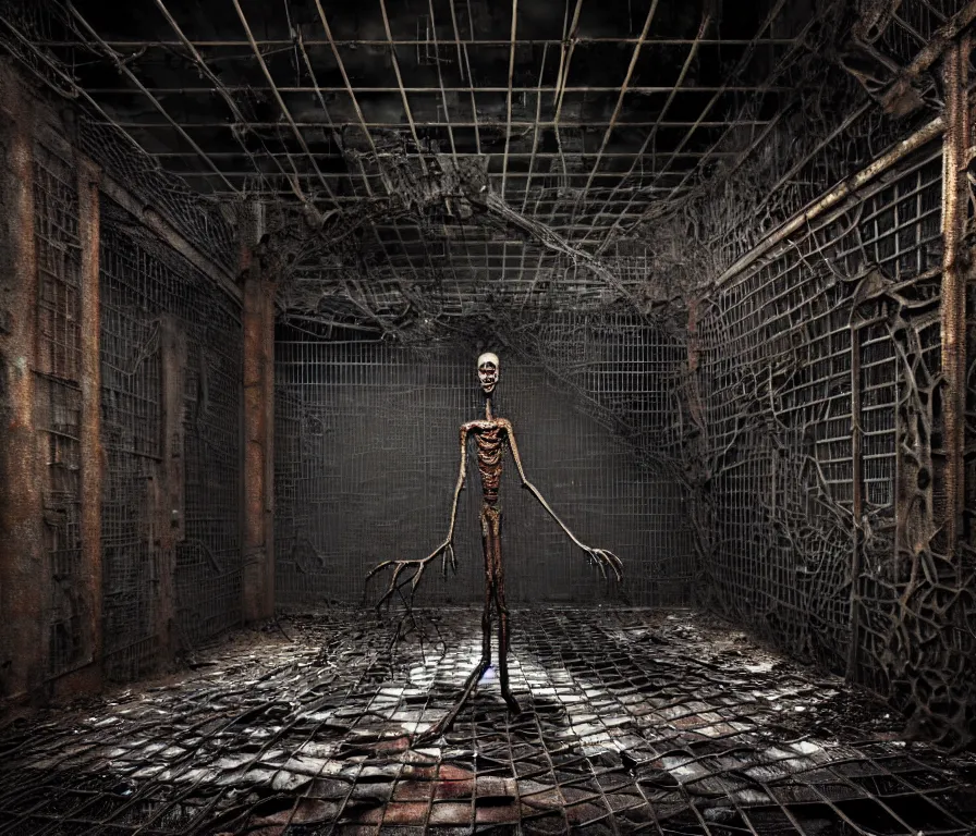 Image similar to creepy huge humanoid with long limbs sits on the floor. An underground very dark gloomy multi-layered structure of rusty thick iron grates, dense chain-link fencing and peeling walls. Inside view, collapsed floors, bent rusted iron, masterpiece, black background, corners, cinematic, hyperdetailed, photorealistic, hyperrealism, octane render, 8k, depth of field, bokeh, architecture, shadows, art by Zdzisław Beksiński, Arthur Rackham, Dariusz Zawadzki