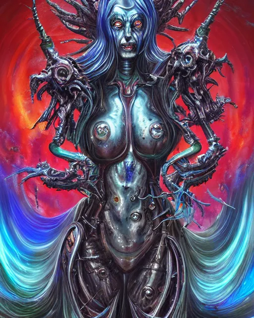 Image similar to silver mechanical charred bloody fleshmetal cyborg daemonhost woman psychedelic flamer of tzeentch with extra arms, blue and green rainbow fire, by antonio j. manzanedo, alex grey, android jones, wayne barlowe, raymond swanland, cyril rolando, josephine wall, harumi hironaka, cronenburg, trending on artstation