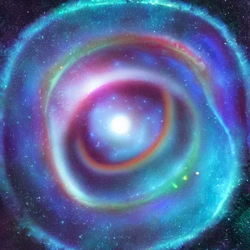 Prompt: A big weird alien wedge-shaped spaceship drifting against a spiral galaxy background, psychedelic colours, Hubble image