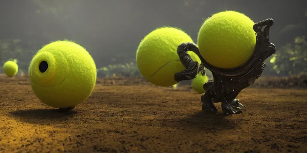 Image similar to a photo of 8 k ultra realistic tennis ball monsters, tennis ball monsters, alien exotic, cinematic lighting, trending on artstation, 4 k, hyperrealistic, focused, high details, unreal engine 5, cinematic, alien planet atmosphere in background, 3 d render by basil gogos