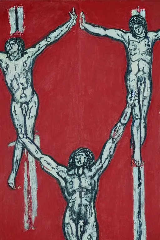 Image similar to bloody jesus christ crucified painted by cy twombly and keith haring