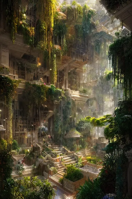 Image similar to magnificent view of the hanging gardens of babylon, intricate, elegant, volumetric lighting, digital painting, highly detailed, artstation, sharp focus, illustration, concept art, ruan jia, steve mccurry