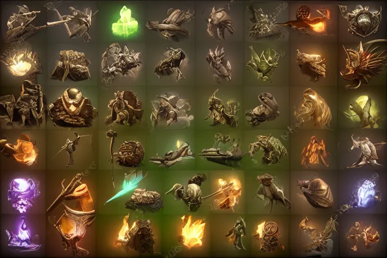 Prompt: highly detailed icons of various fantasy items from fantasy game. perfect lighting, ray tracing, realistic.