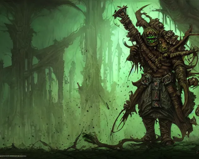 Image similar to wide shot of a cultist of nurgle, green and brown colours, bottom up green lighting, rotting, deep focus, d & d, fantasy, intricate, grim, highly detailed, digital painting, artstation, concept art, matte, sharp focus, illustration, hearthstone, art by artgerm and greg rutkowski and alphonse mucha