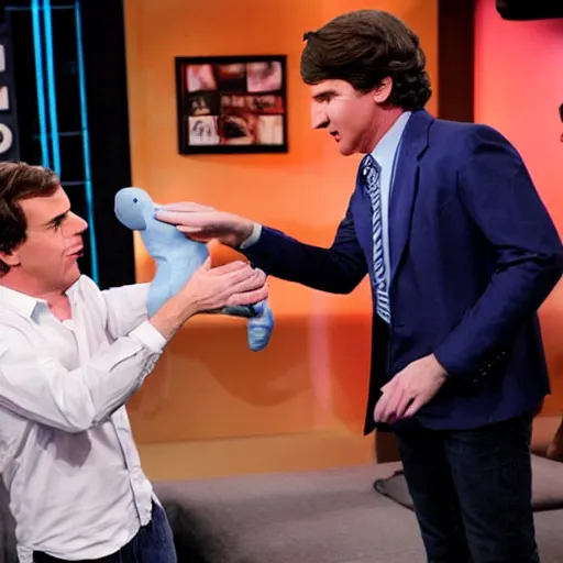 Image similar to a high quality photograph of Jimmy Dore inappropriately interacting with a blowup doll of Tucker Carlson on the set of Tucker Carlson tonight live on Fox News